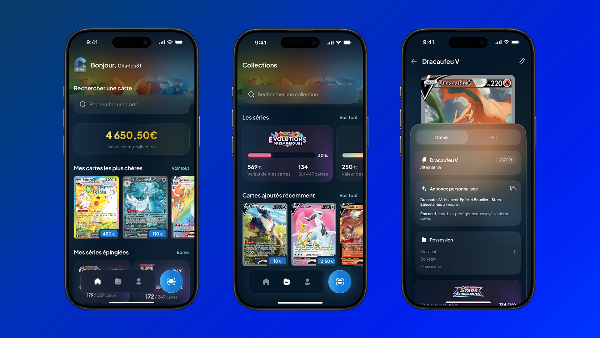Aperçu de l'application Cardzia pour estimer la valeur des cartes Pokémon