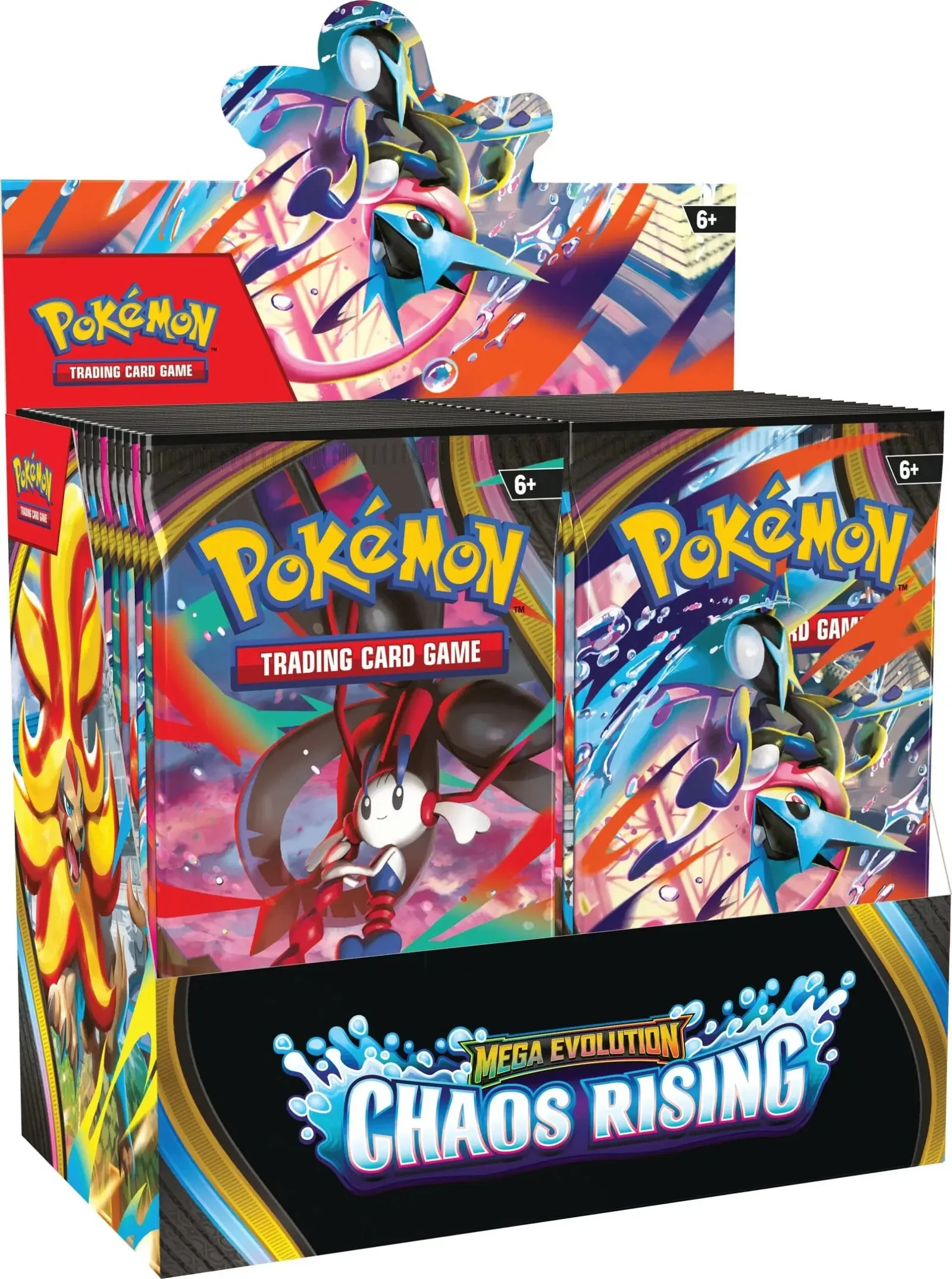 Gamme complète des produits Chaos Ascendant ME04 incluant boosters display tripack et ETB