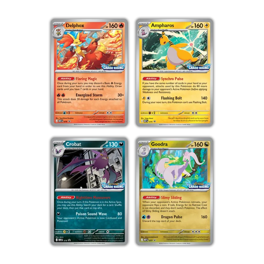 Les 4 cartes promos prerelease Chaos Ascendant Delphox Pharamp Nostenfer Muplodocus en alternate art