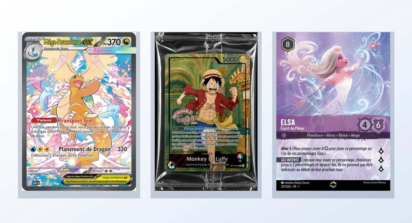 Cartes Pokémon, One Piece et Disney Lorcana estimées par l'application Cardzia