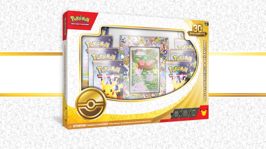 Collection Premium Métamorph 30 ans Pokémon avec porte-carte acrylique et 8 boosters