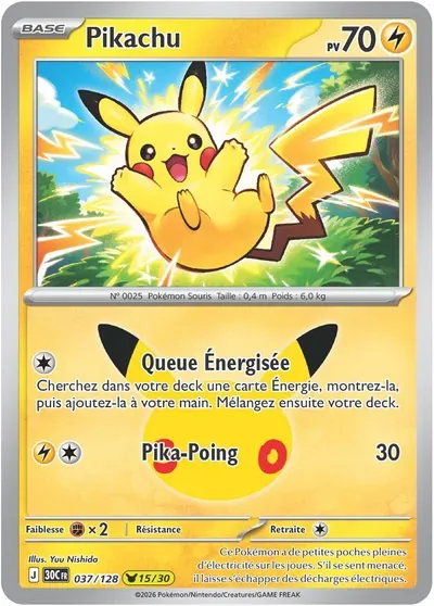 Carte Pikachu 037 du 30ᵉ anniversaire Pokémon illustrée par un artiste invité