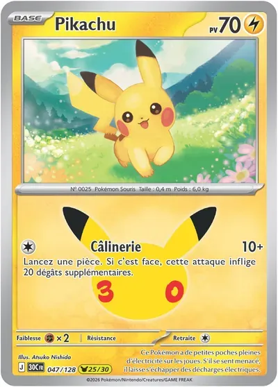 Carte Pikachu 047 du 30ᵉ anniversaire Pokémon parmi les plus recherchées
