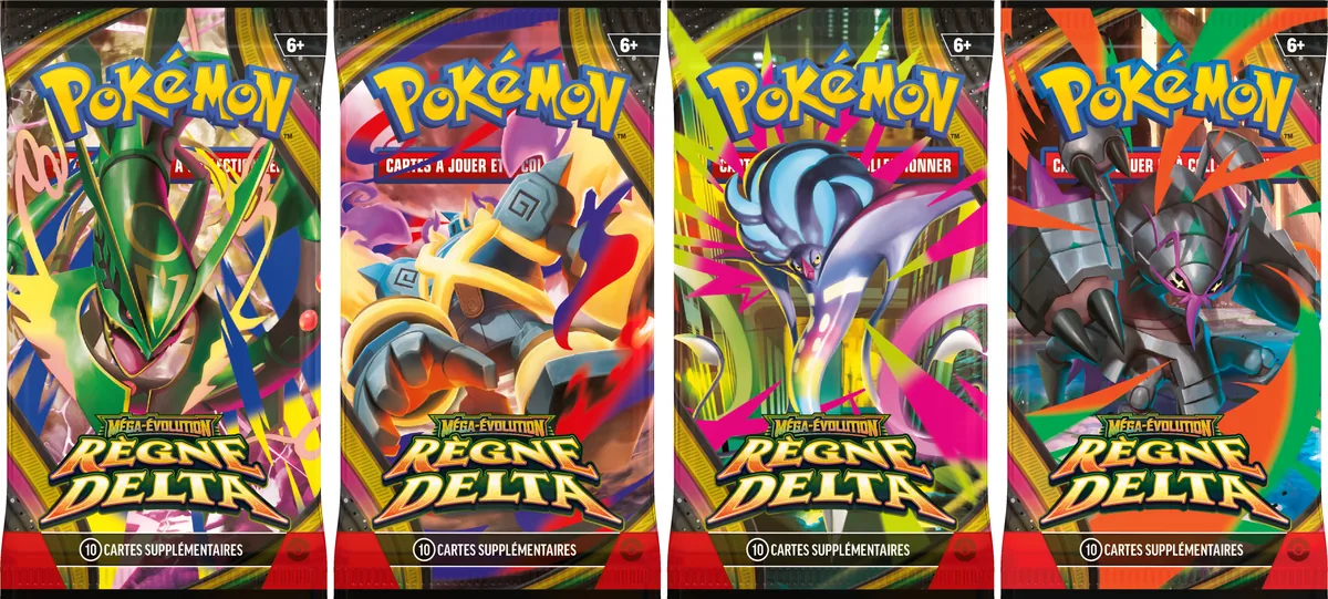 Les quatre boosters Règne Delta ME06 aux effigies de Méga-Rayquaza, Méga-Golemastoc, Méga-Sepiatroce et Méga-Sarmuraï