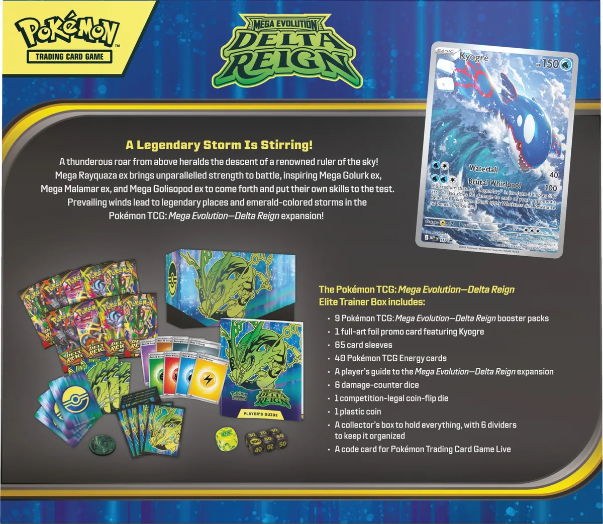 Verso du Coffret Dresseur d'Élite Règne Delta détaillant son contenu et la carte promo Kyogre