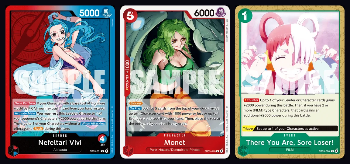 Cartes de l'Extra Booster EB-03 Heroines Edition, premier volume de la série que prolonge l'EB-05