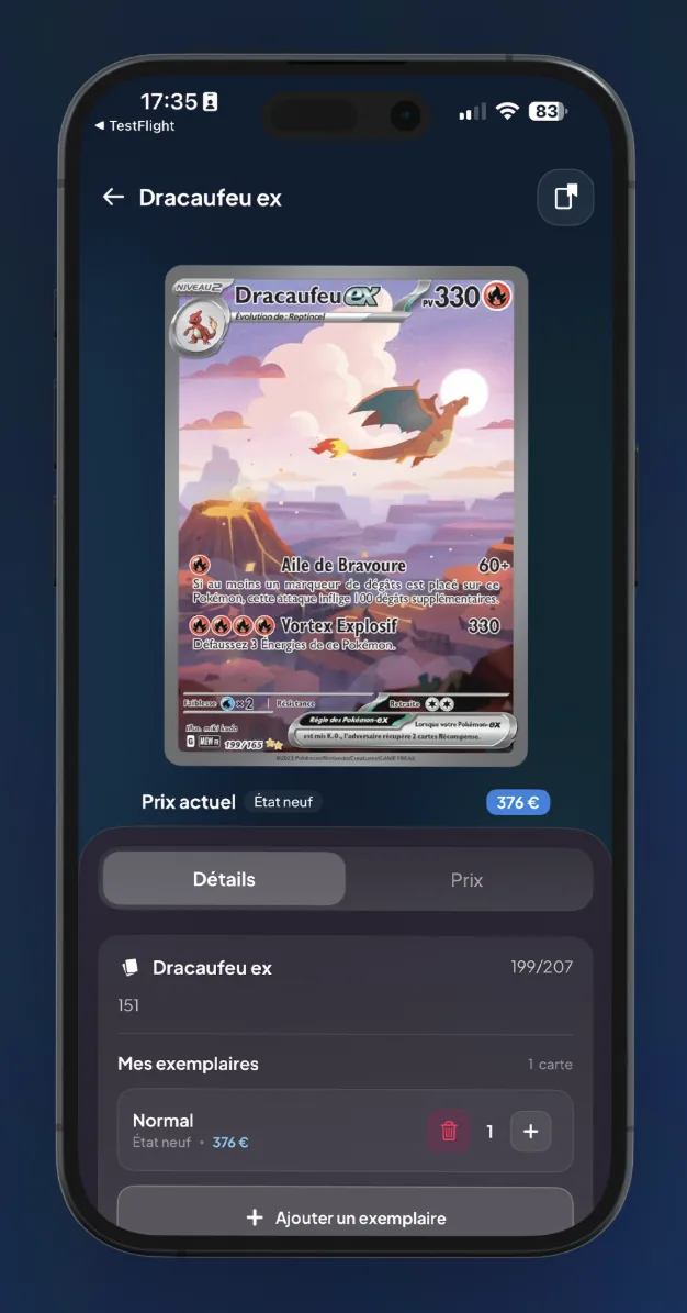 Estimation d'une carte Pokémon rare dans l'application Cardzia