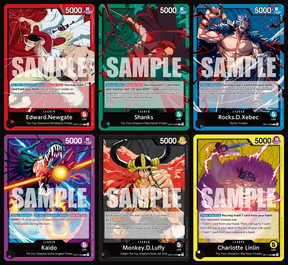 Les 6 cartes Leader de l'OP17 One Piece Card Game : Edward Newgate, Shanks, Rocks D. Xebec, Kaido, Monkey D. Luffy et Charlotte Linlin