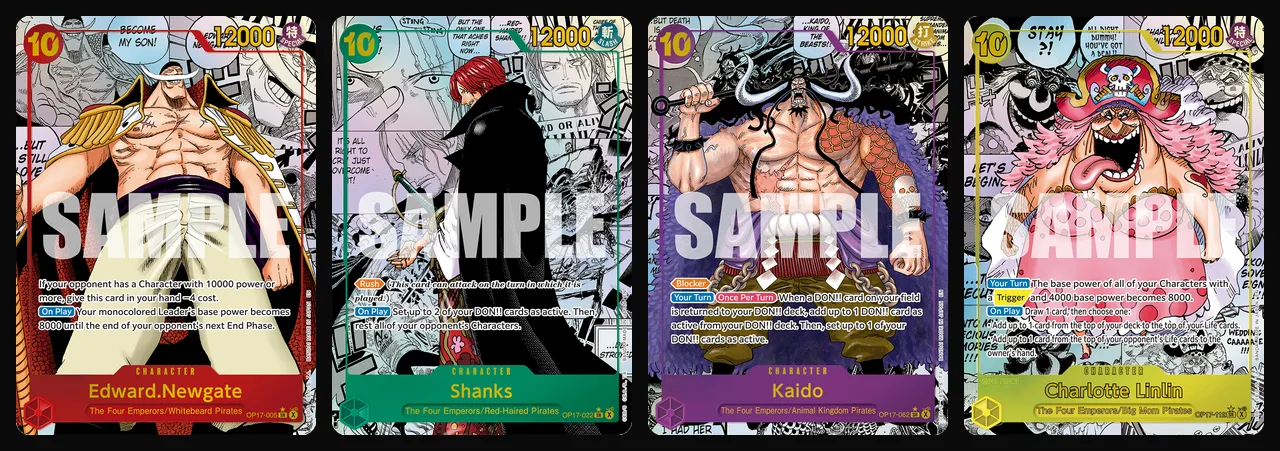 Les 4 cartes manga de l'OP17 : Edward Newgate OP17-005, Shanks OP17-022, Kaido OP17-062 et Charlotte Linlin OP17-112