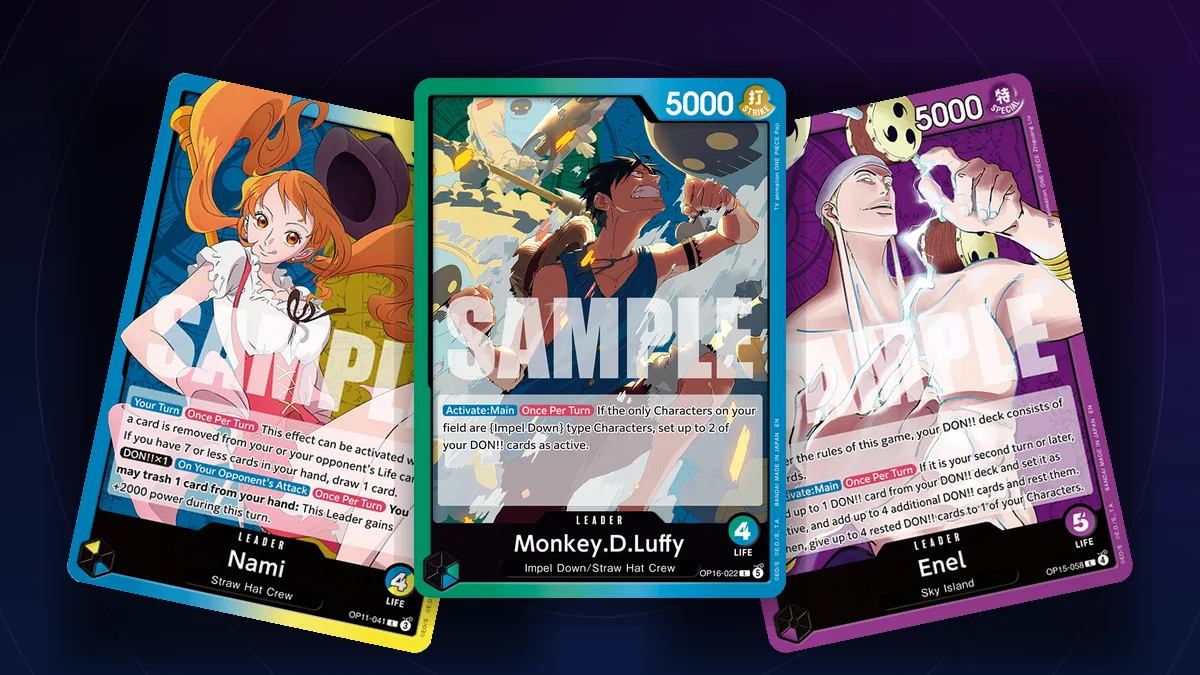 Les trois Leaders dominants de la fin du cycle OP-16 du One Piece Card Game : Nami OP11-041, Monkey D. Luffy OP16-022 et Enel OP15-058