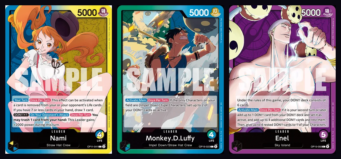 Les trois Leaders de tête du format OP-16 : Nami OP11-041, Monkey D. Luffy OP16-022 et Enel OP15-058