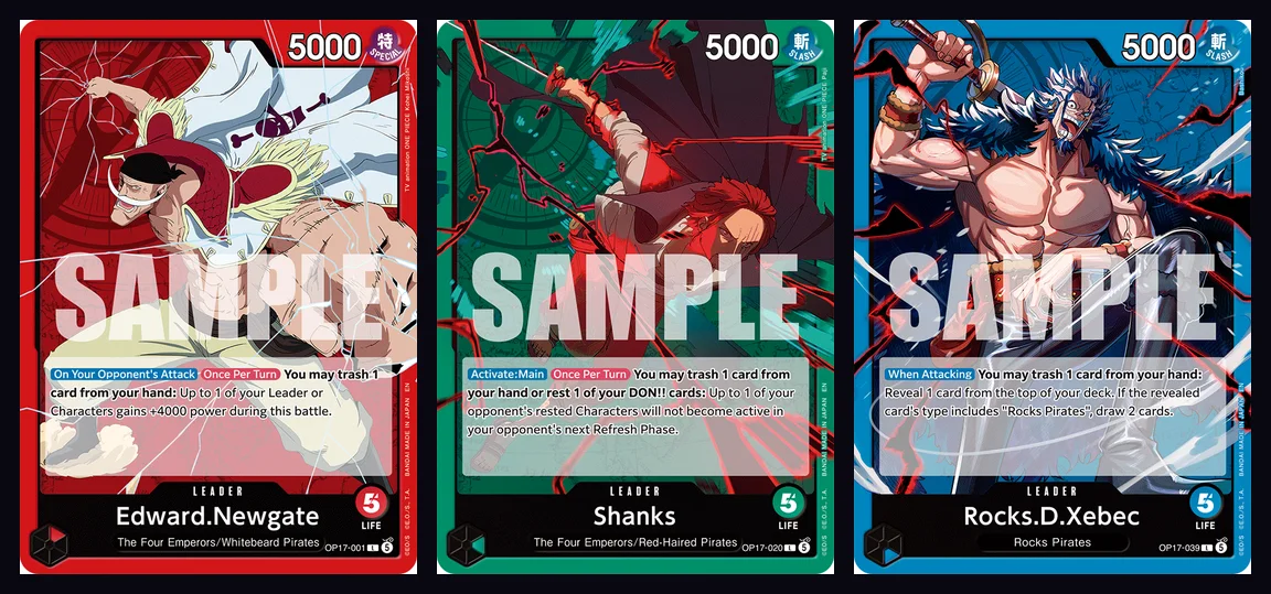 Trois Leaders de l'OP-17 : Edward Newgate, Shanks et Rocks D. Xebec