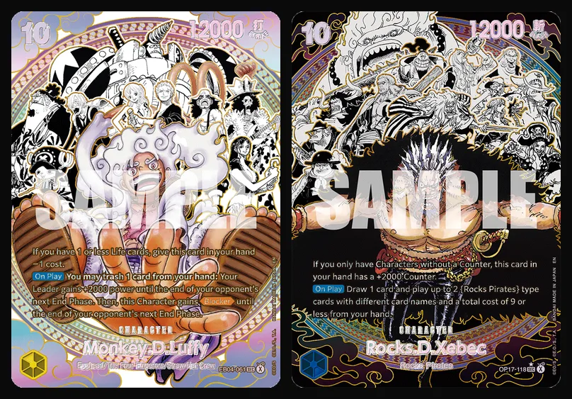 Les deux cartes Pirate Crew Super Alt Art de l'OP17 : Monkey D. Luffy EB04-061 et Rocks D. Xebec OP17-118