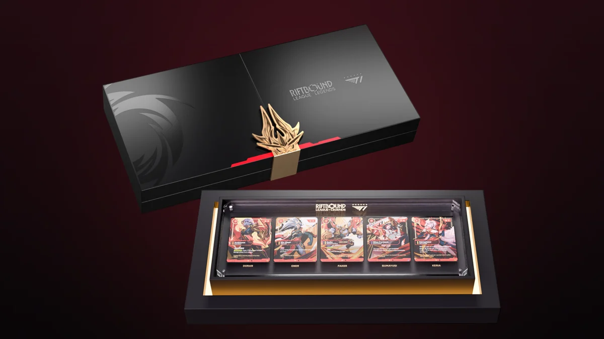 Coffret Riftbound x T1 2025 Worlds Champion Signature Edition avec ses cinq cartes signées dans leur écrin