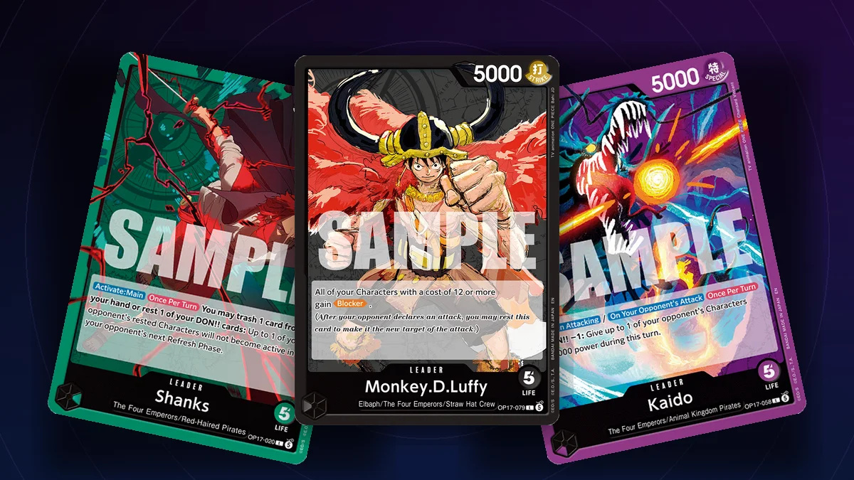 Trois Leaders de l'extension OP-17 du One Piece Card Game : Shanks, Monkey D. Luffy et Kaido