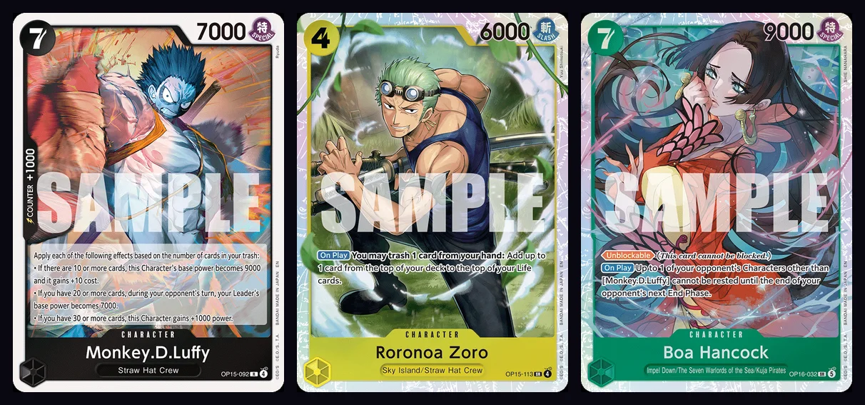 Les trois cartes des lots Top 64, Top 16 et Top 8 de la Treasure Cup d'août 2026 : Monkey D. Luffy OP15-092, Roronoa Zoro OP15-113 et Boa Hancock OP16-032