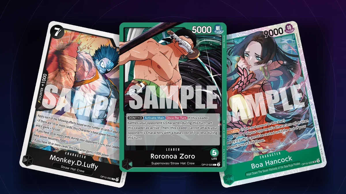 Cartes de dotation de la Treasure Cup d'août 2026 : Monkey D. Luffy OP15-092, Roronoa Zoro OP12-020 sérialisé et Boa Hancock OP16-032