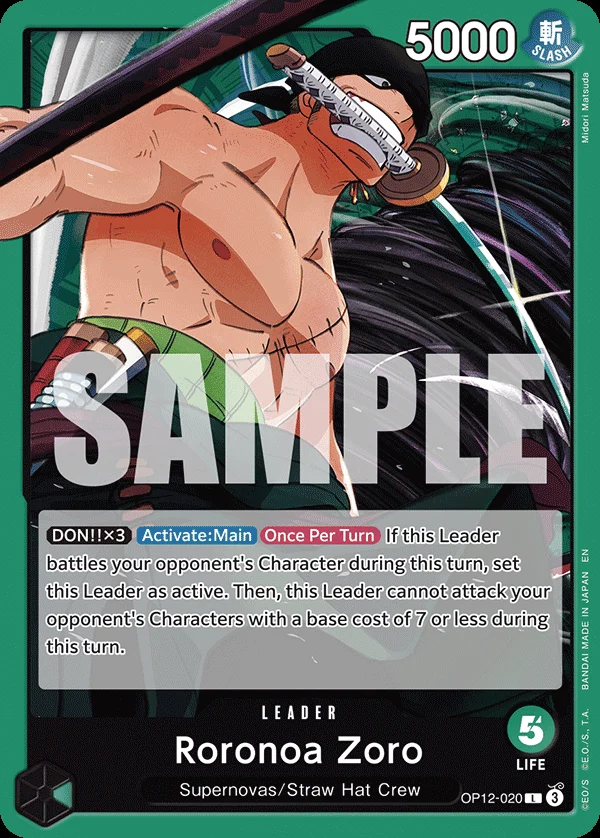 Carte Leader Roronoa Zoro OP12-020, reprise par la carte sérialisée remise au Top 4 des Treasure Cup d'août 2026
