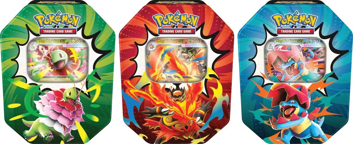 Les trois Pokébox Héros Transcendants Méga-Méganium ex, Méga-Roitiflam ex et Méga-Aligatueur ex