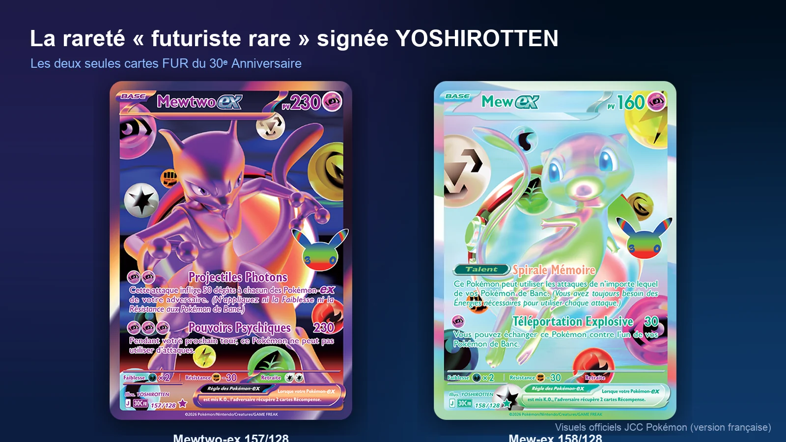 Mewtwo-ex 157/128 et Mew-ex 158/128, les deux cartes de rareté futuriste rare illustrées par YOSHIROTTEN