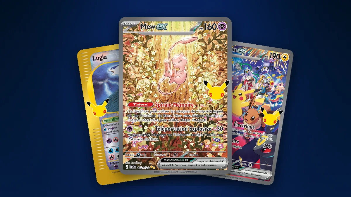 Cartes Pokémon 30 ans les plus chères : Mew ex 152/128, Lugia 149/147 de la Collection Classique et Pikachu ex 150/128