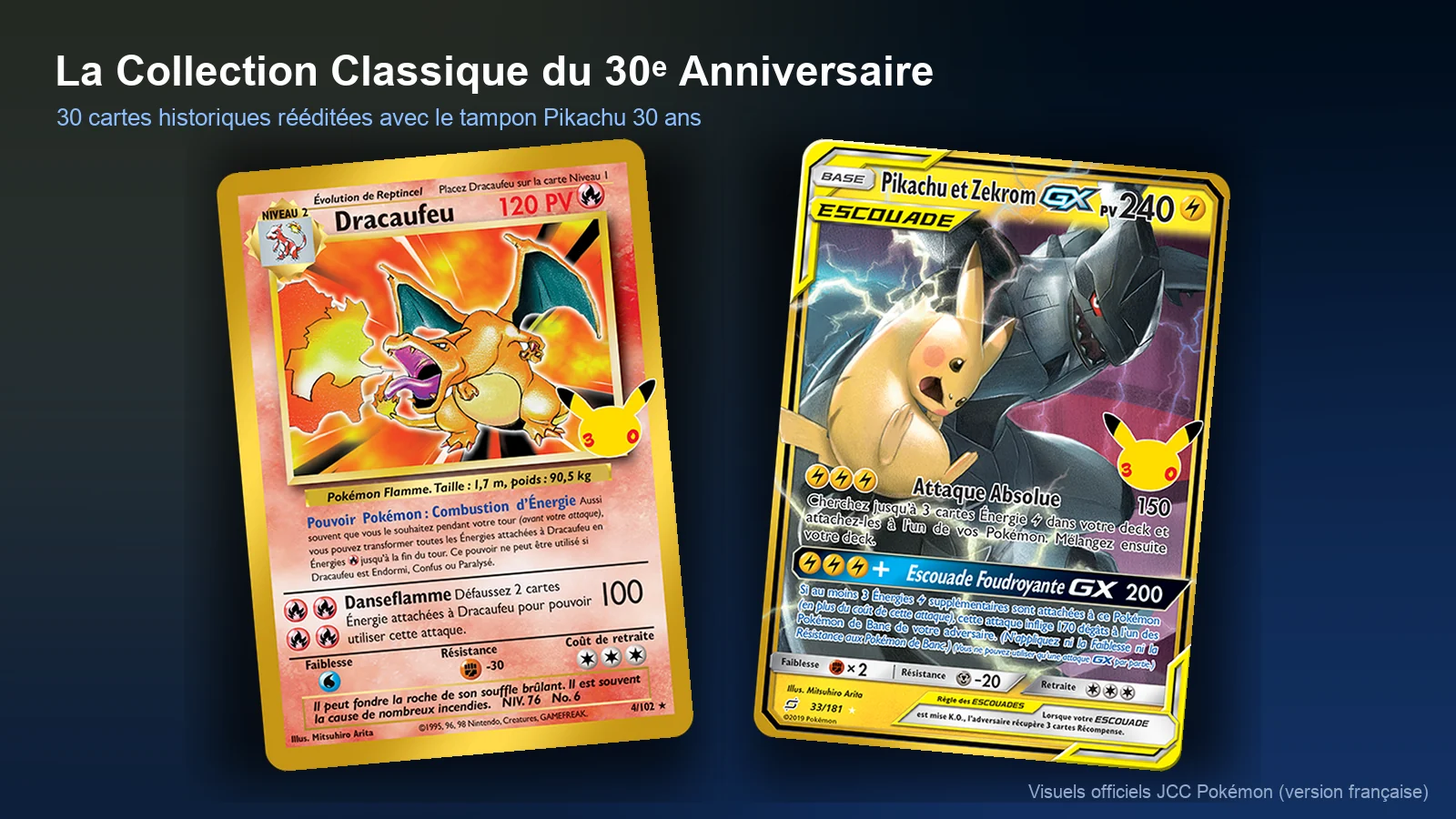 Cartes de la Collection Classique du 30e Anniversaire Pokémon : Dracaufeu du Set de Base et Pikachu et Zekrom-GX avec bordure dorée