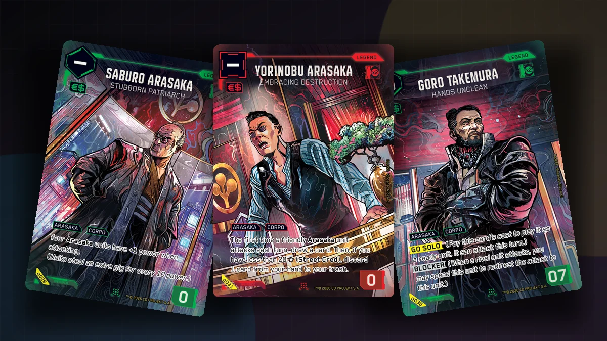 Les trois Legends Arasaka du Cyberpunk TCG : Saburo Arasaka, Yorinobu Arasaka et Goro Takemura