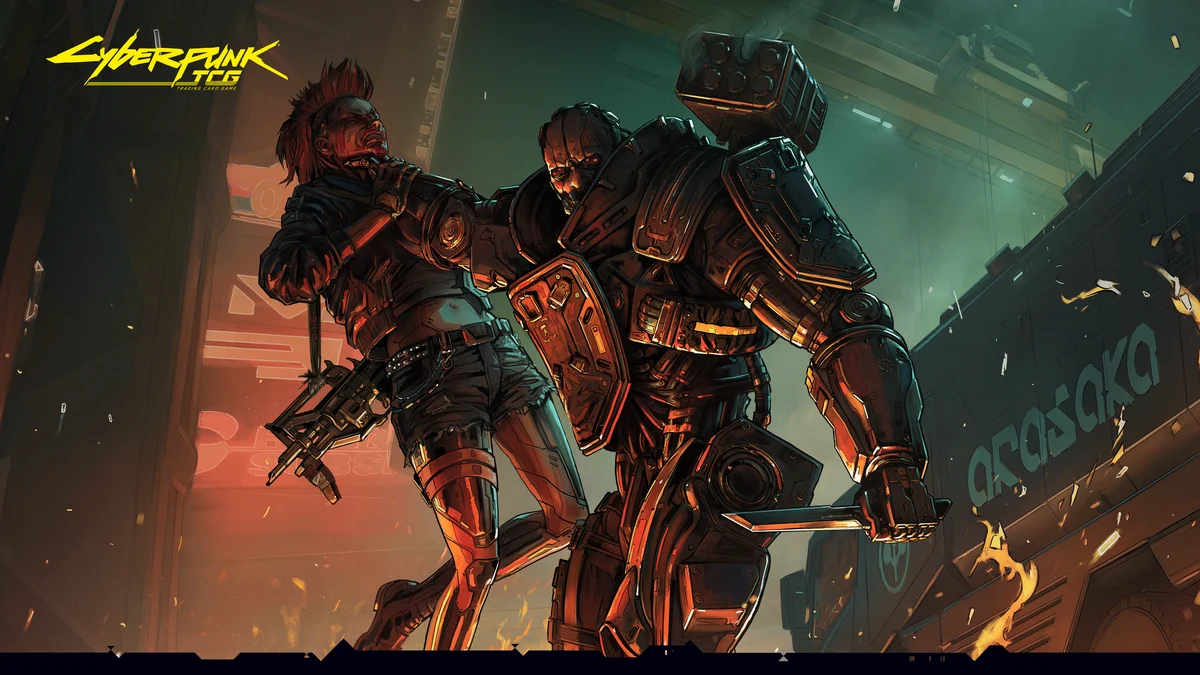 Illustration officielle du Cyberpunk Trading Card Game avec Adam Smasher devant un bâtiment Arasaka