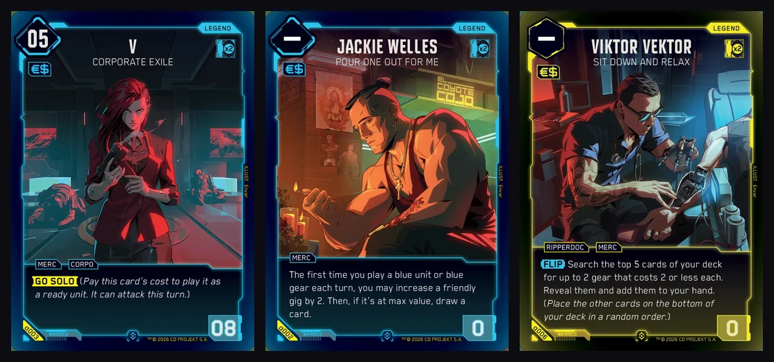 Les trois Legends du starter The Heist du Cyberpunk TCG : V, Jackie Welles et Viktor Vektor