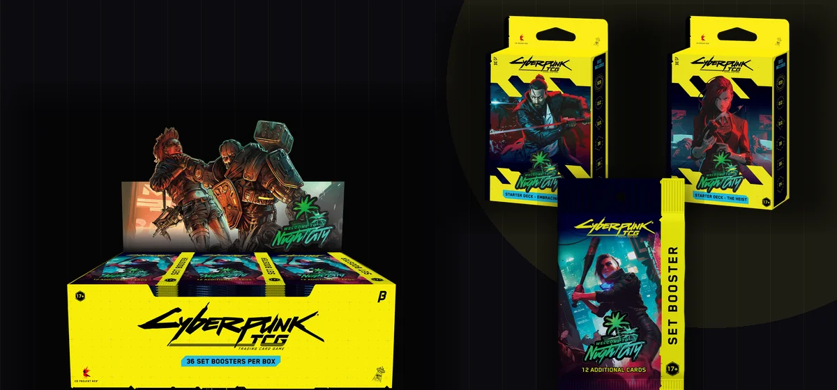 Produits du Cyberpunk TCG : boîte de set boosters, starter decks Embracing Power et The Heist, et un set booster