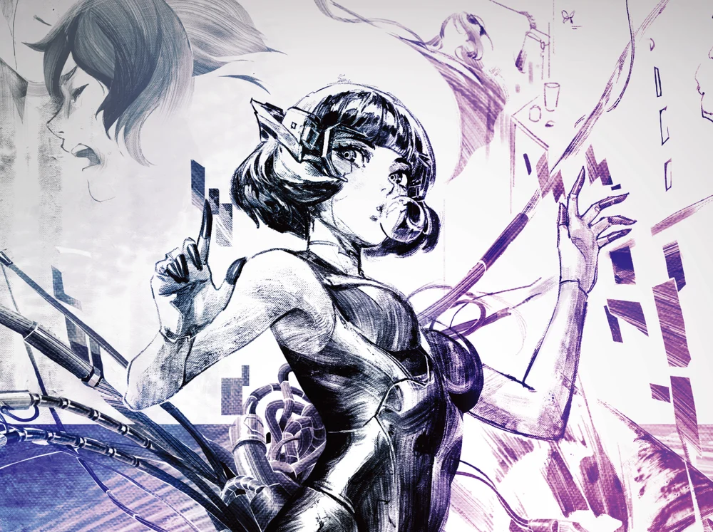 Illustration officielle de la carte promotionnelle Rebecca Having a Moment du Cyberpunk TCG