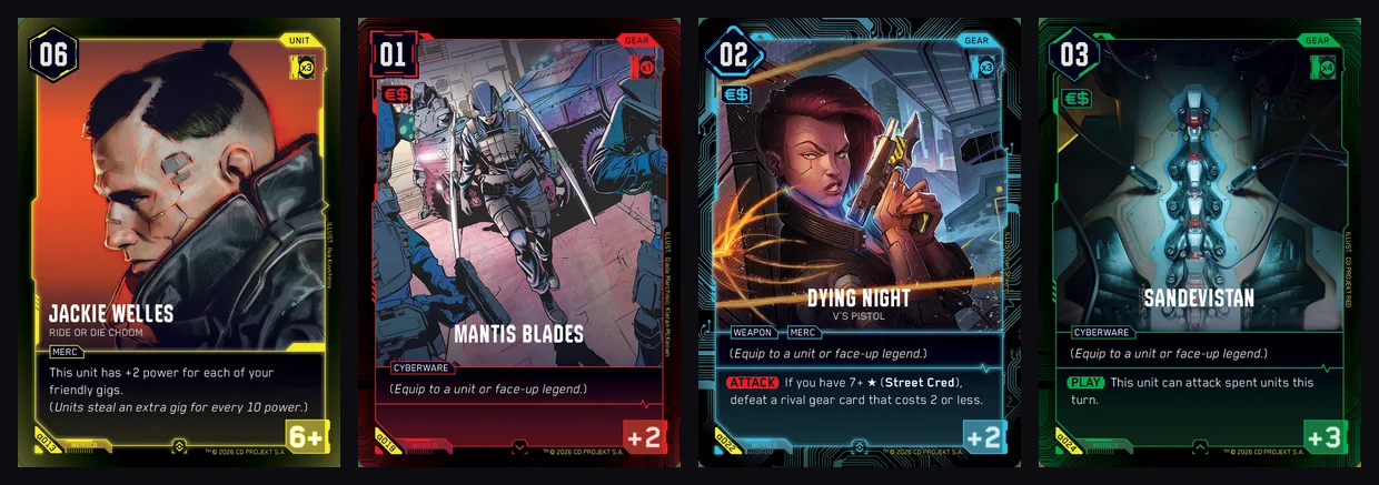 Quatre cartes du Cyberpunk TCG illustrant les types de cartes : unité, cyberware, équipement et programme