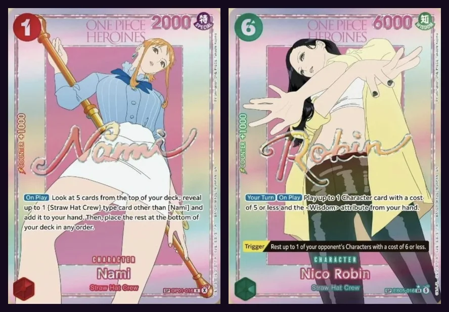 Les deux cartes SP de l'EB-05 en style anime One Piece Heroines : Nami OP01-016 et Nico Robin EB05-016