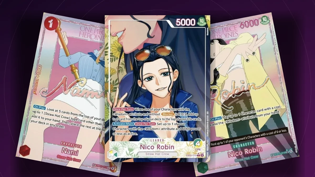 Cartes de l'Extra Booster EB-05 Heroines Edition vol.2 : la SP Nami en style anime, le Leader Nico Robin en illustration alternative et la SP Nico Robin