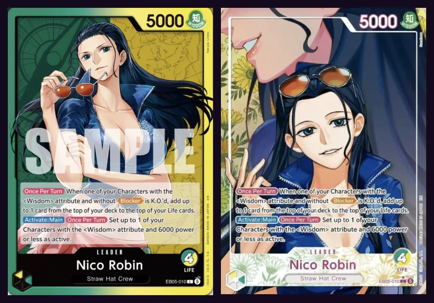 Le Leader Nico Robin EB05-010 dans sa version standard et dans son illustration alternative au cadre floral