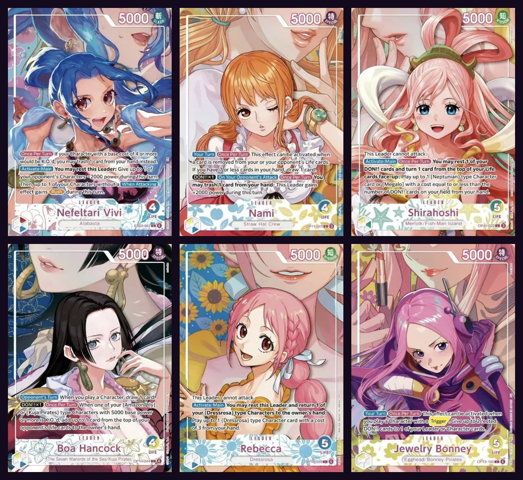 Les six illustrations alternatives de Leaders de l'EB-05 : Nefeltari Vivi, Nami, Shirahoshi, Boa Hancock, Rebecca et Jewelry Bonney