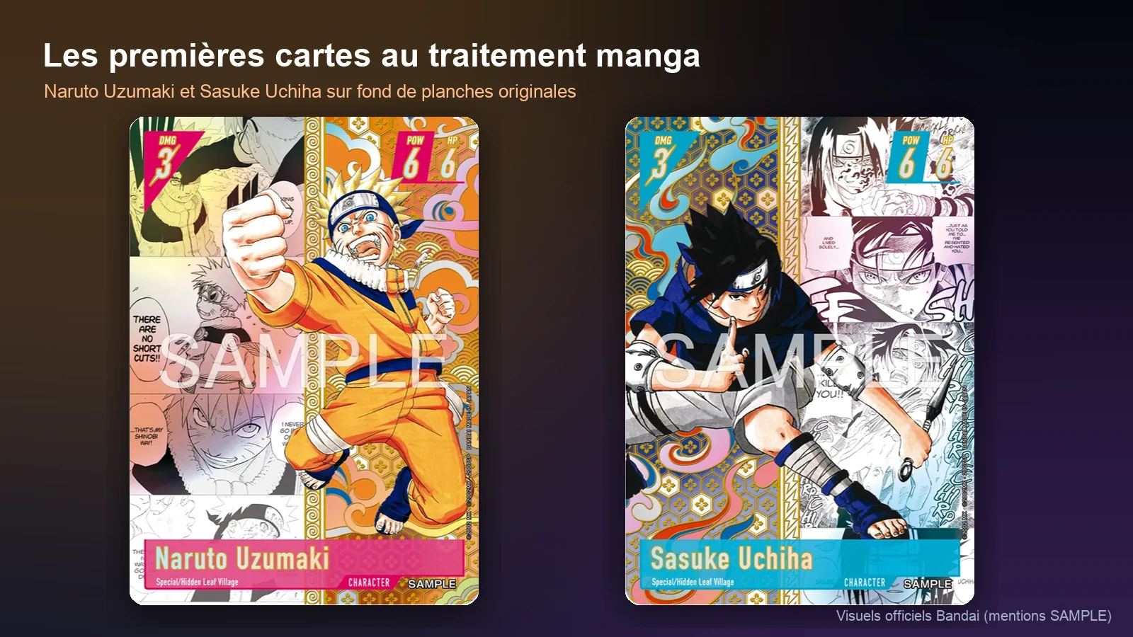 Cartes manga du Naruto Card Game : Naruto Uzumaki et Sasuke Uchiha sur fond de planches du manga