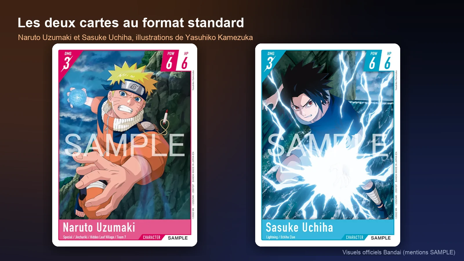 Cartes Naruto Card Game au format standard : Naruto Uzumaki et Sasuke Uchiha illustrés par Yasuhiko Kamezuka