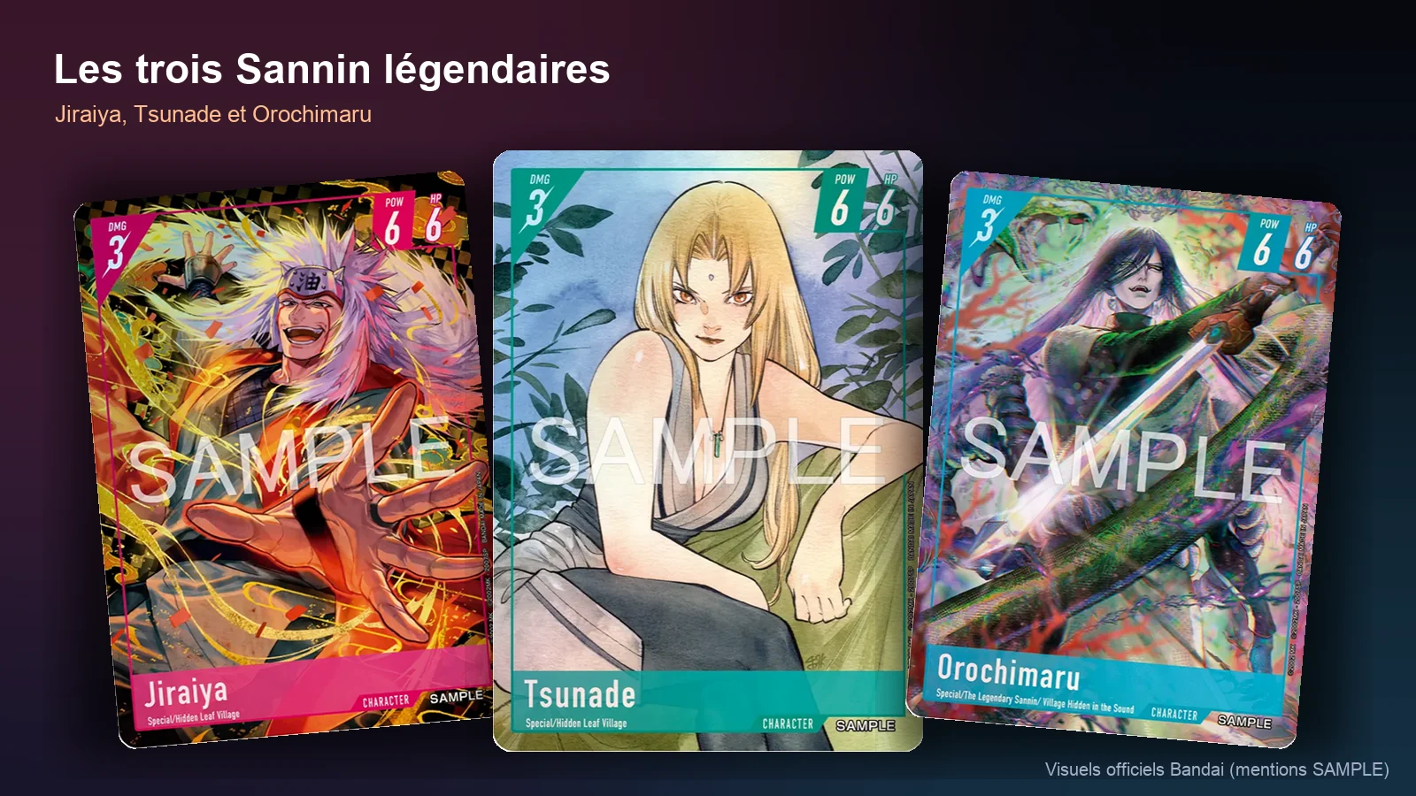 Cartes Naruto Card Game des trois Sannin légendaires : Jiraiya, Tsunade et Orochimaru