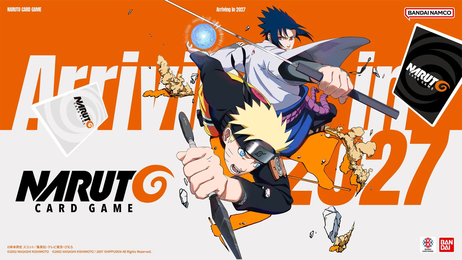 Visuel officiel du Naruto Card Game de Bandai avec Naruto et Sasuke et la mention Arriving in 2027