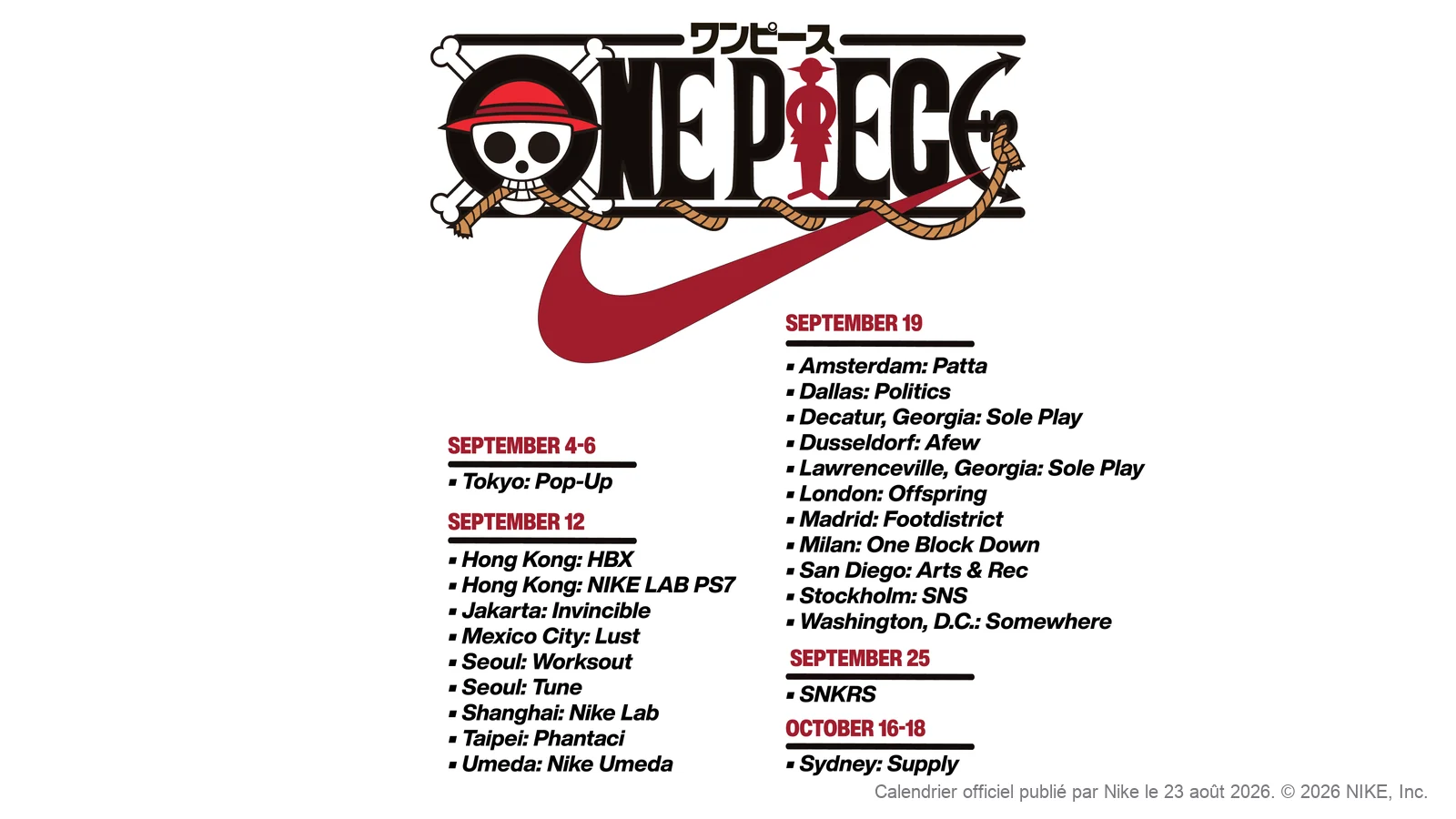 Calendrier officiel des sorties Nike x One Piece publié par Nike