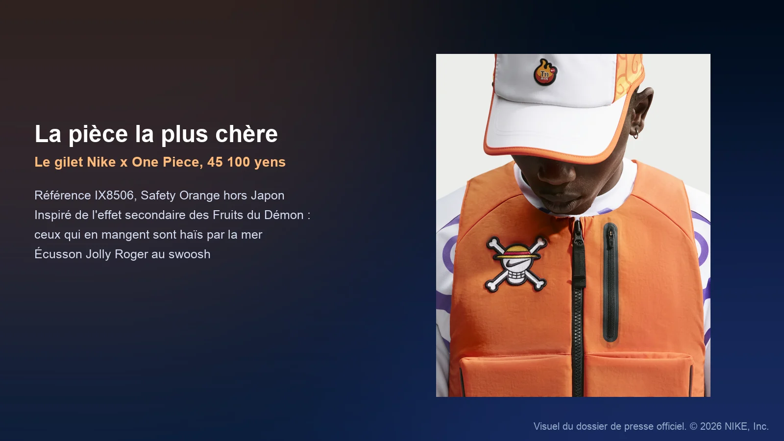 Le gilet Nike x One Piece à 45 100 yens avec écusson Jolly Roger au swoosh