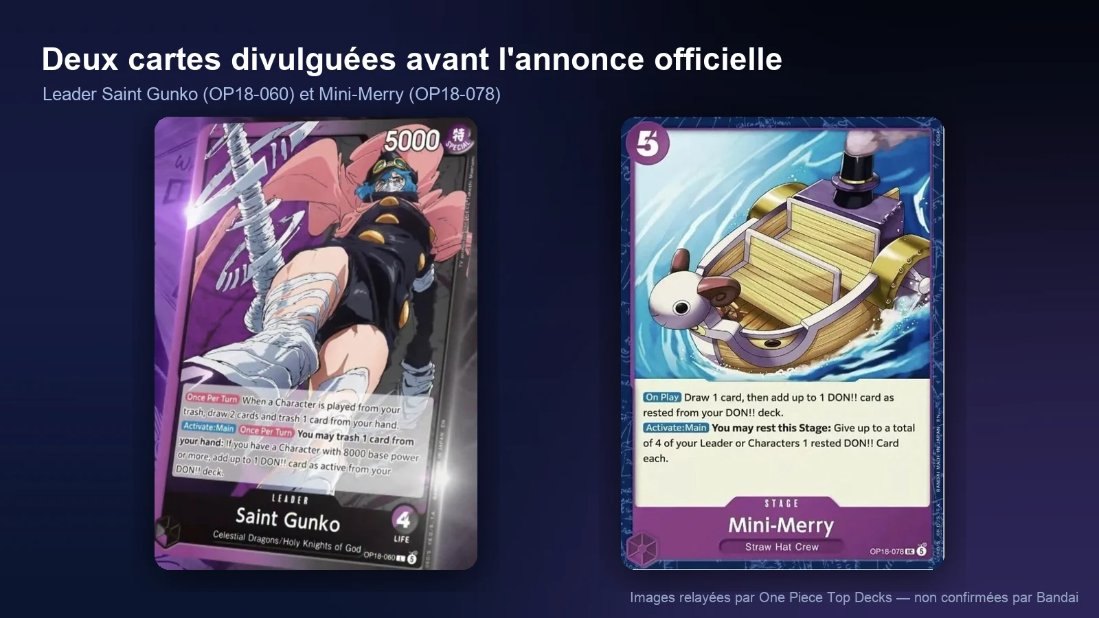 Cartes OP-18 divulguées : le Leader Saint Gunko OP18-060 et le Stage Mini-Merry OP18-078