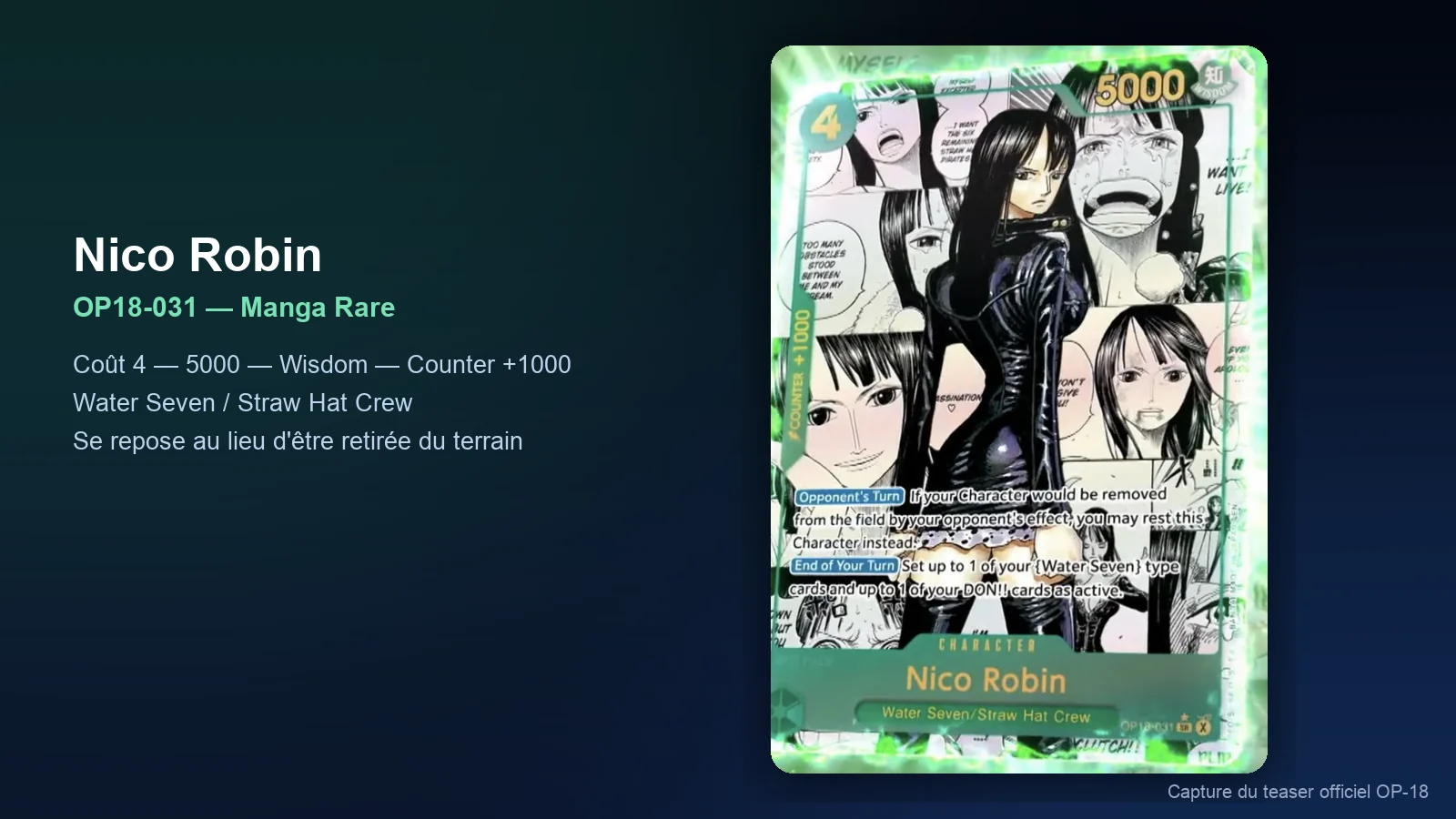 Nico Robin OP18-031, première carte Manga Rare de Robin dans le One Piece Card Game