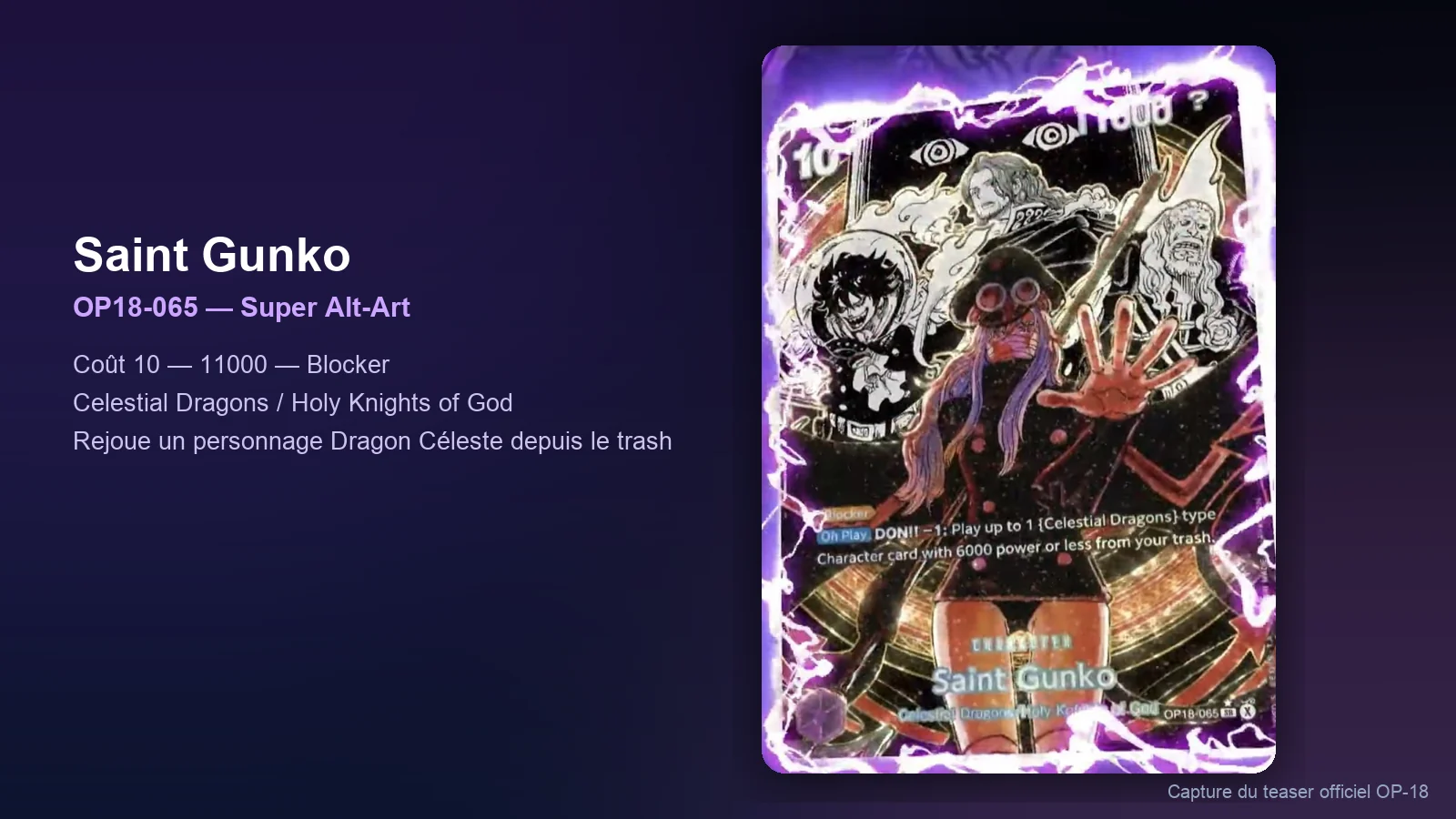 Saint Gunko OP18-065 en Super Alt-Art, carte des Chevaliers Divins du set One Piece OP-18