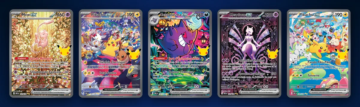 Valeur des cartes Pokémon 30 ans en illustration spéciale rare : Mew ex 152/128, Pikachu ex 150/128, Ectoplasma ex 154/128, Mewtwo ex 151/128 et Pikachu ex 149/128