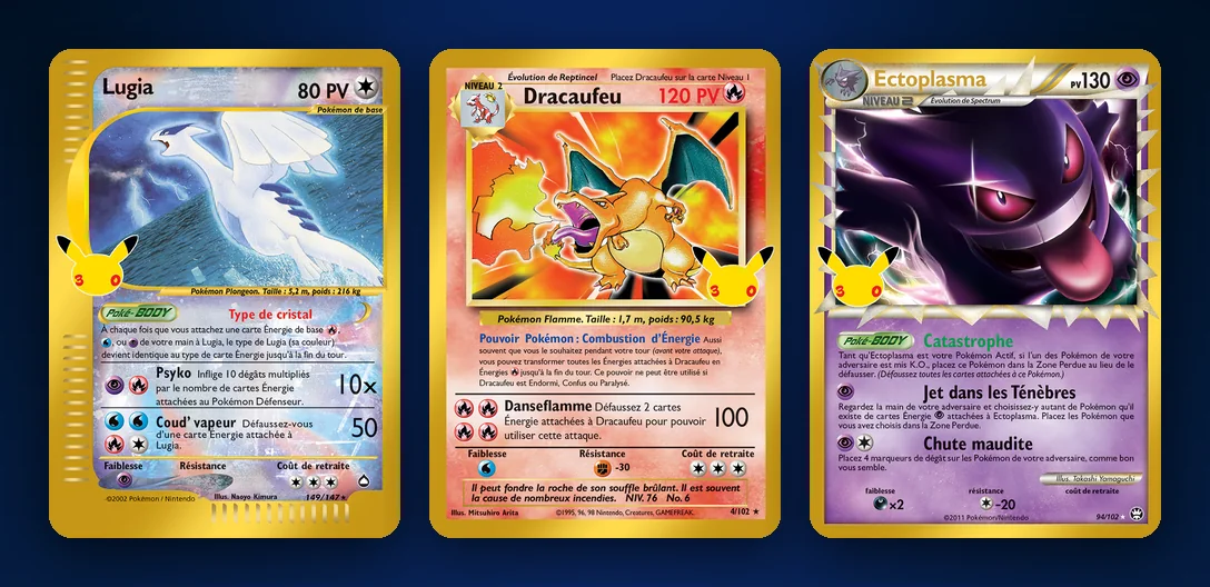 Valeur de la Collection Classique Pokémon 30 ans : Lugia 149/147, Dracaufeu 4/102 et Ectoplasma 94/102 à bordure dorée