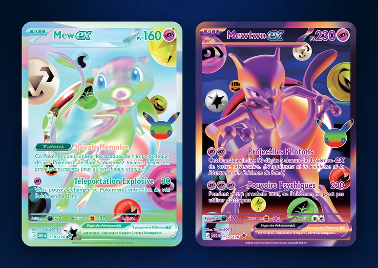 Valeur des futuristes rares Pokémon 30 ans : Mew ex 158/128 et Mewtwo ex 157/128 illustrés par YOSHIROTTEN