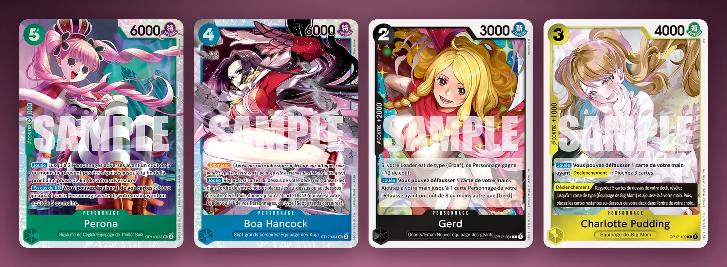 Cartes concernées par les versions SP de l'EB-05 Heroines vol.2 : Perona OP14-033, Boa Hancock ST17-004, Gerd OP17-081 et Charlotte Pudding OP17-109