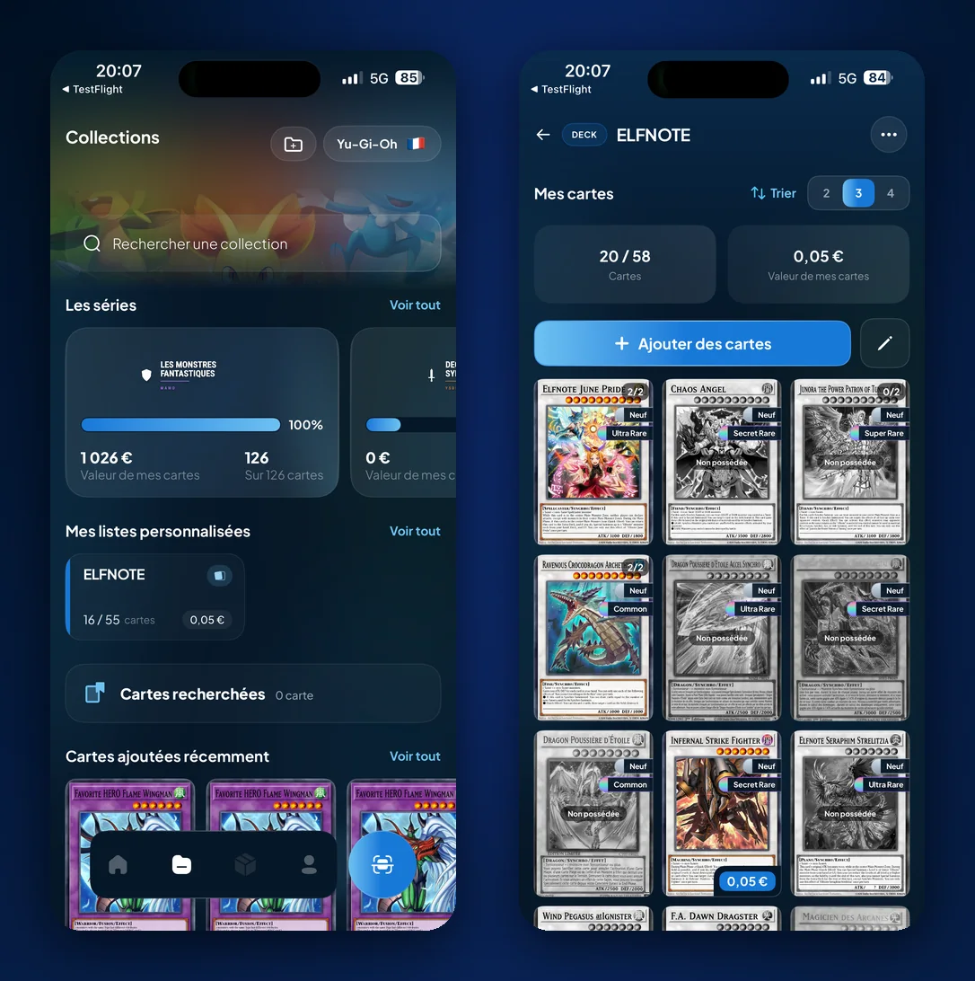 Gérer une collection Yu-Gi-Oh dans Cardzia : séries complétées, listes personnalisées et vue deck avec les cartes possédées et manquantes